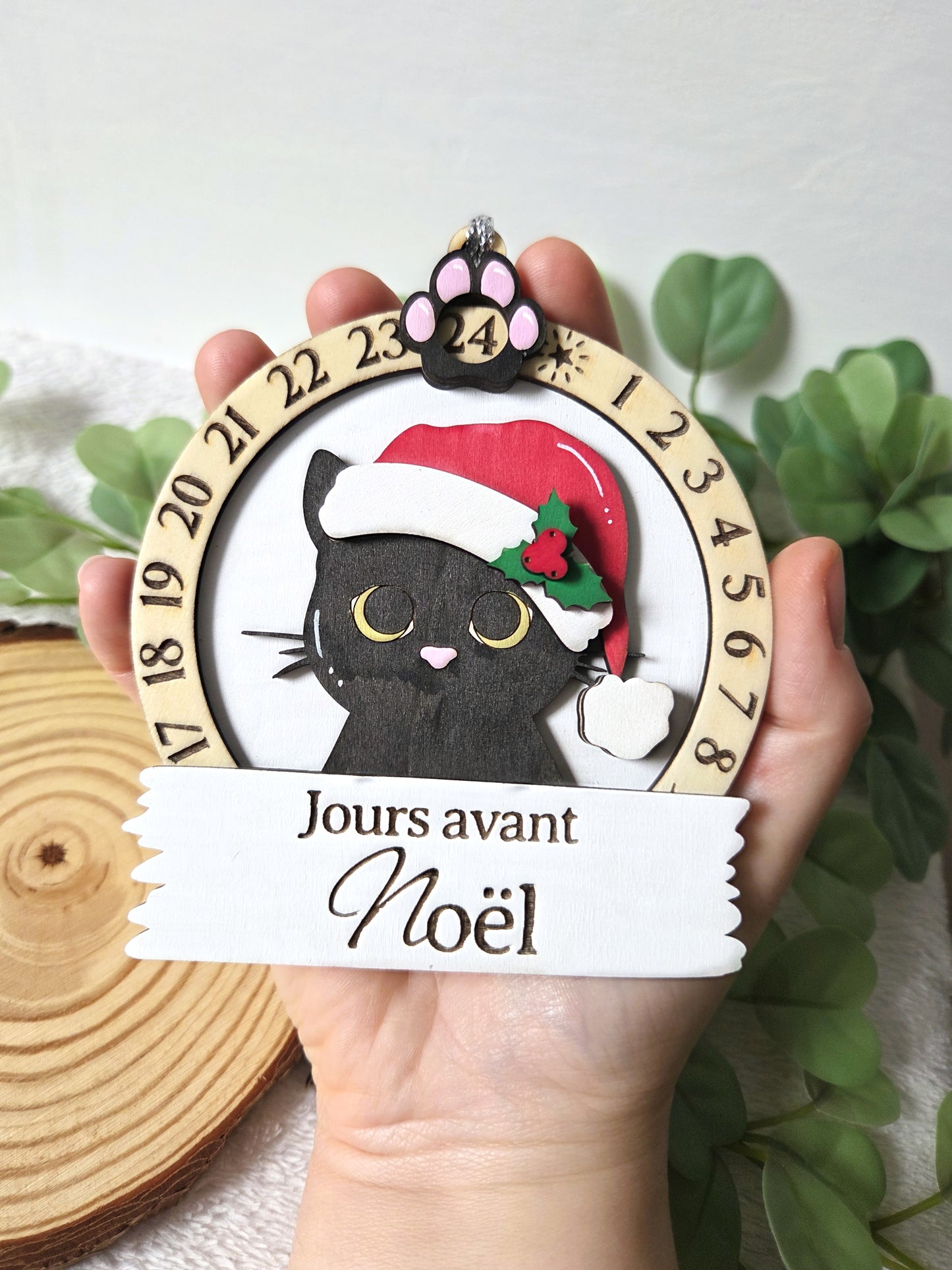Compte à rebours de Noël en bois – Calendrier décoratif Chat | Décoration de Noël artisanale