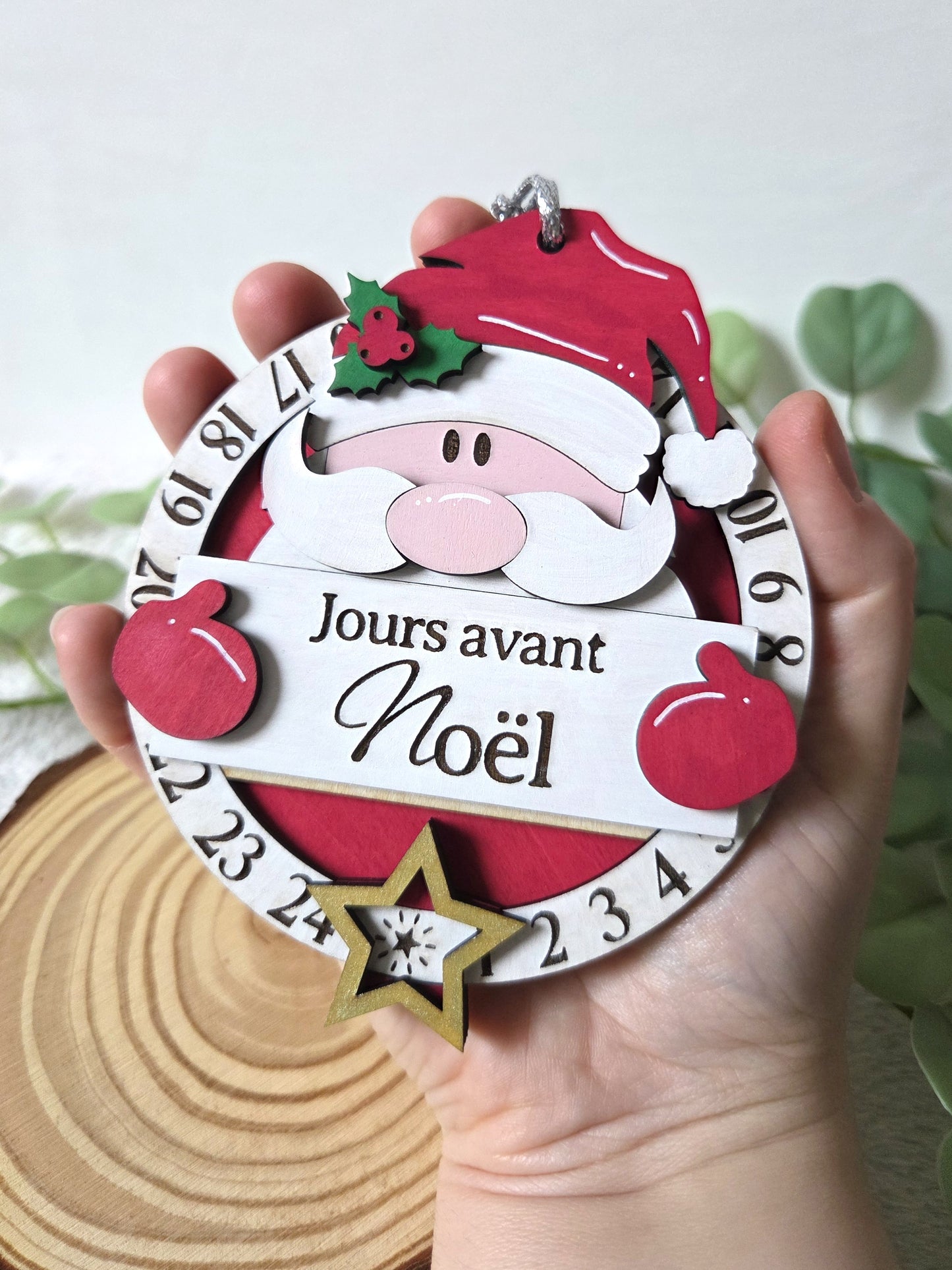 Compte à rebours de Noël en bois – Calendrier décoratif Père Noël | Décoration de Noël artisanale