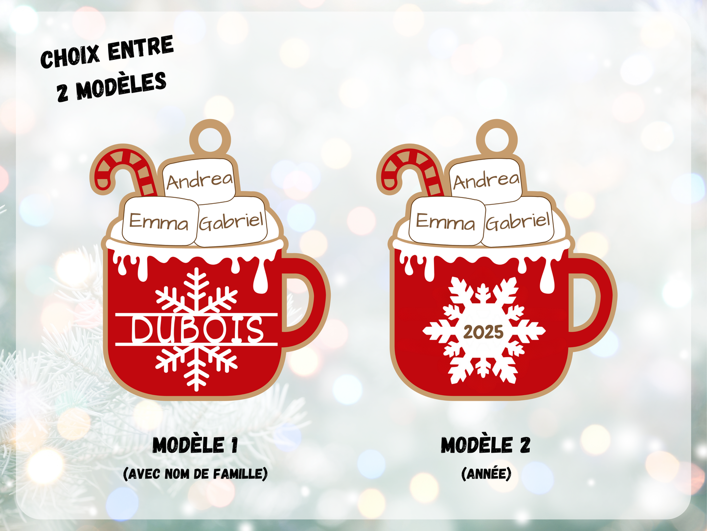 Ornement de Noël personnalisable – Tasse de Marshmallows / Chocolat Chaud | Prénoms gravés