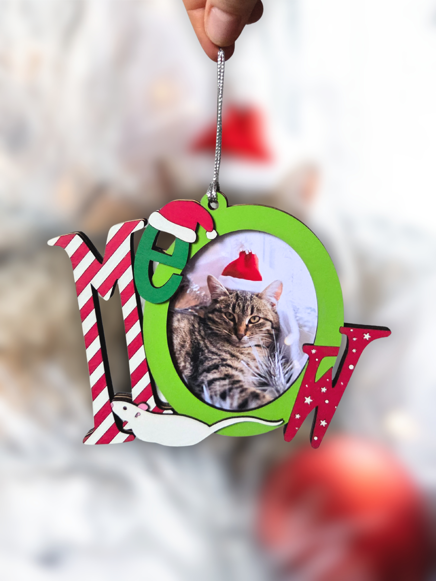 Ornement de Noël – Mot “MEOW” avec emplacement photo | Décoration festive pour amoureux des chats