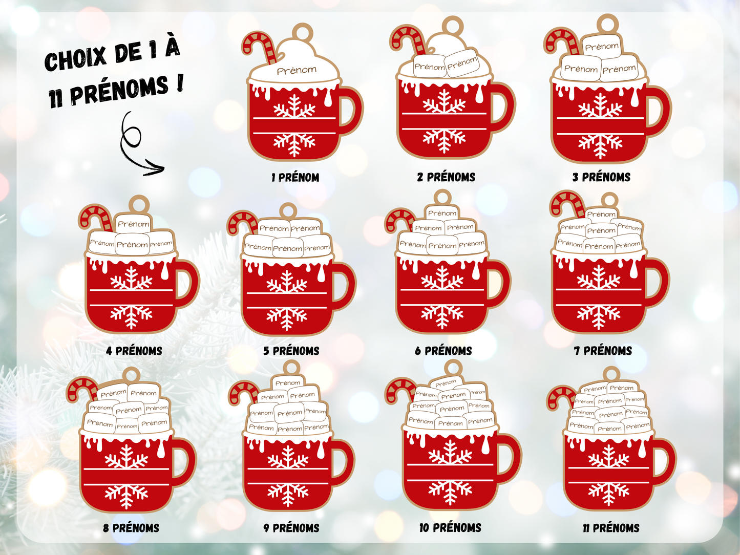 Ornement de Noël personnalisable – Tasse de Marshmallows / Chocolat Chaud | Prénoms gravés