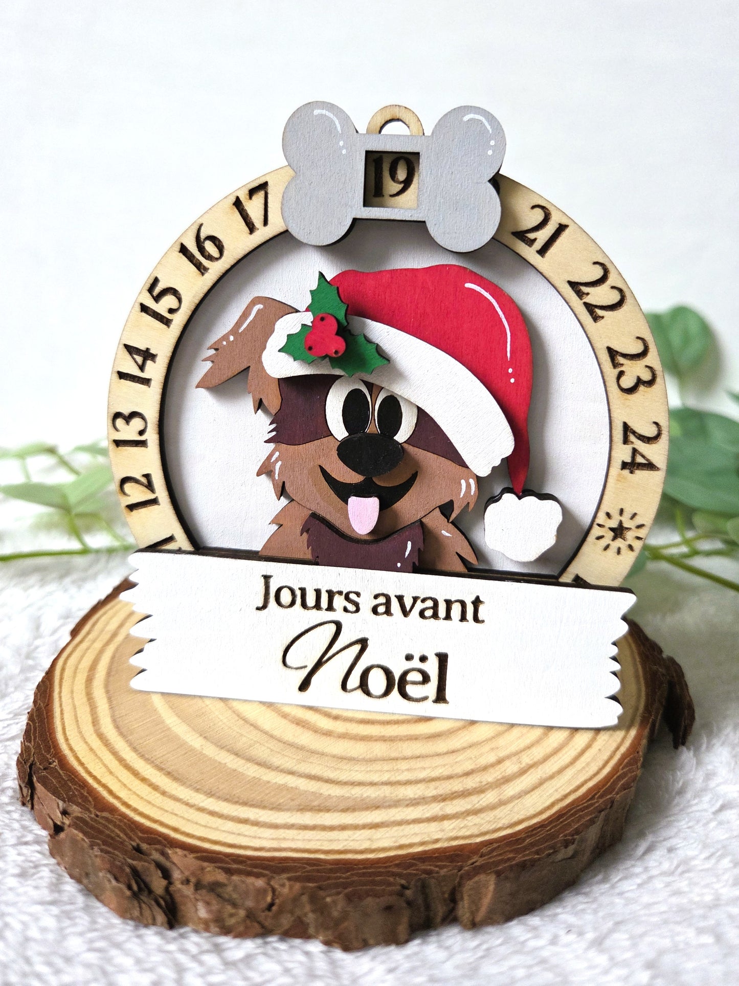 Compte à rebours de Noël en bois – Calendrier décoratif Chien | Décoration de Noël artisanale