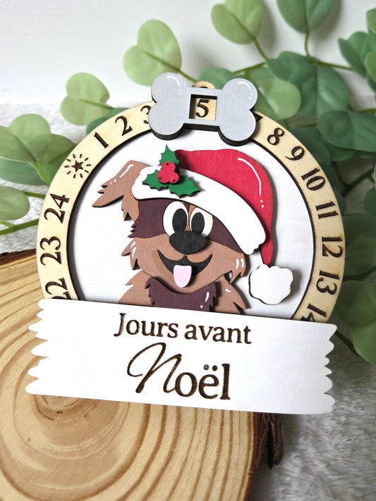 Compte à rebours de Noël en bois – Calendrier décoratif Chien | Décoration de Noël artisanale