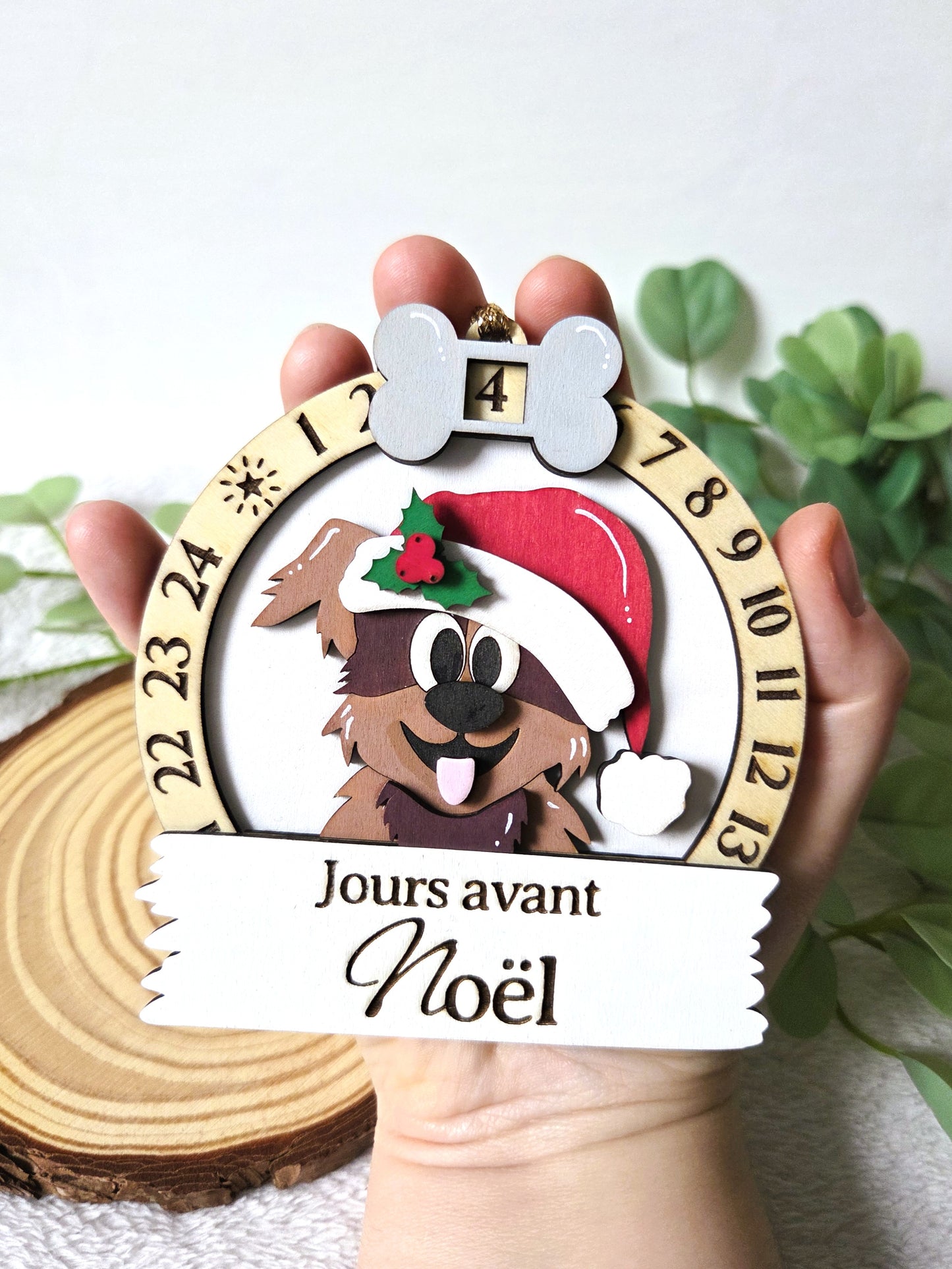 Compte à rebours de Noël en bois – Calendrier décoratif Chien | Décoration de Noël artisanale