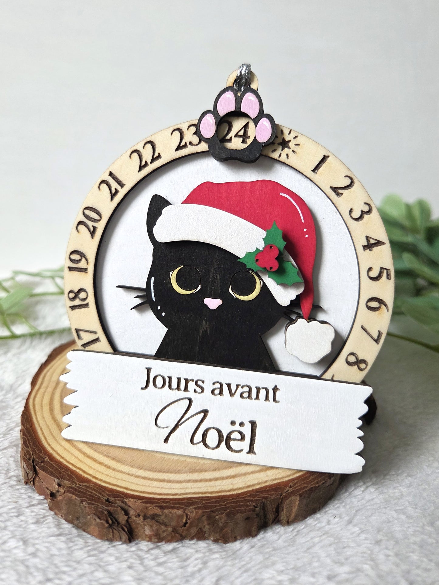 Compte à rebours de Noël en bois – Calendrier décoratif Chat | Décoration de Noël artisanale