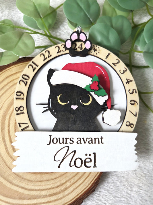 Compte à rebours de Noël en bois – Calendrier décoratif Chat | Décoration de Noël artisanale