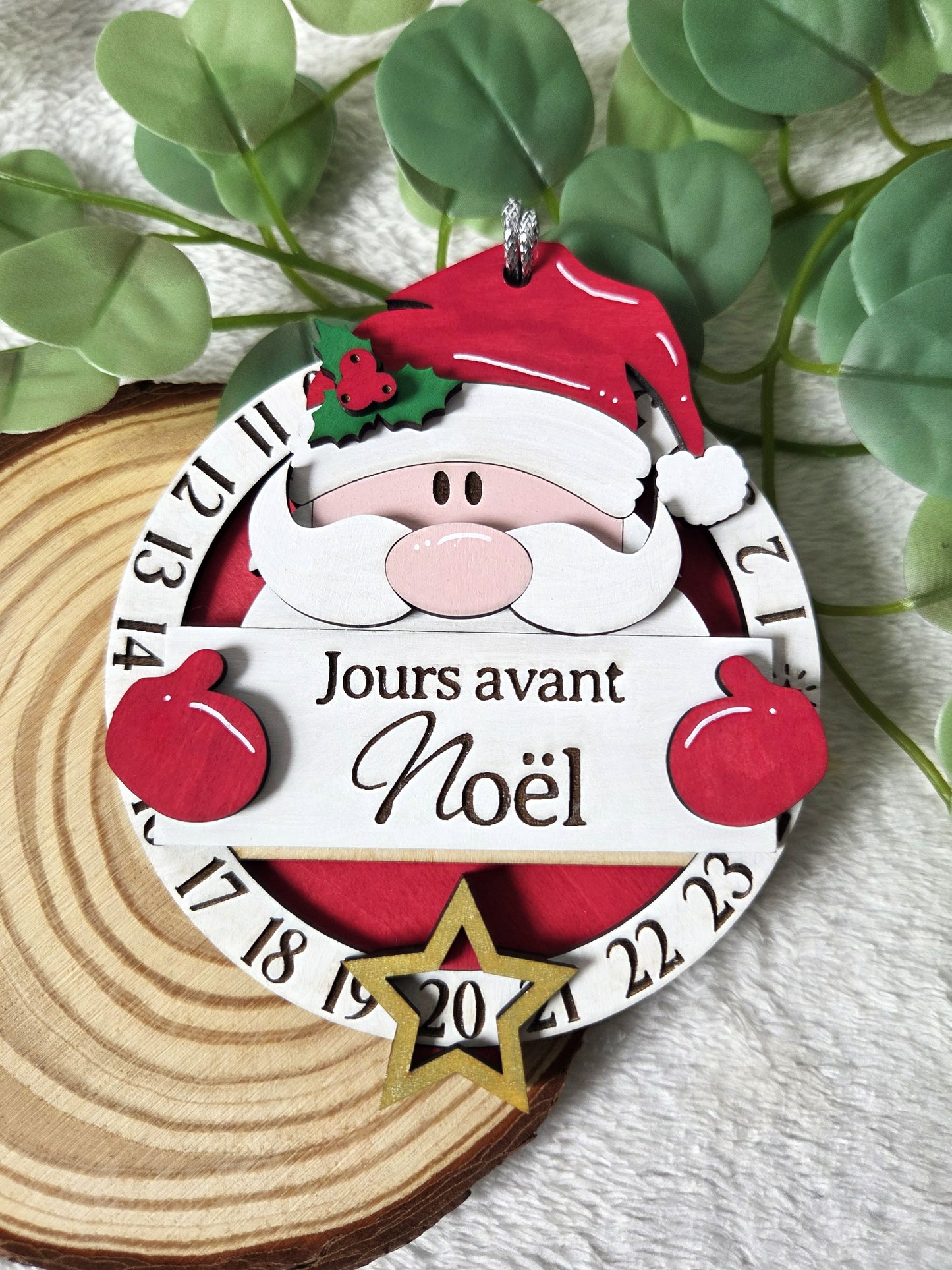 Compte à rebours de Noël en bois – Calendrier décoratif Père Noël | Décoration de Noël artisanale