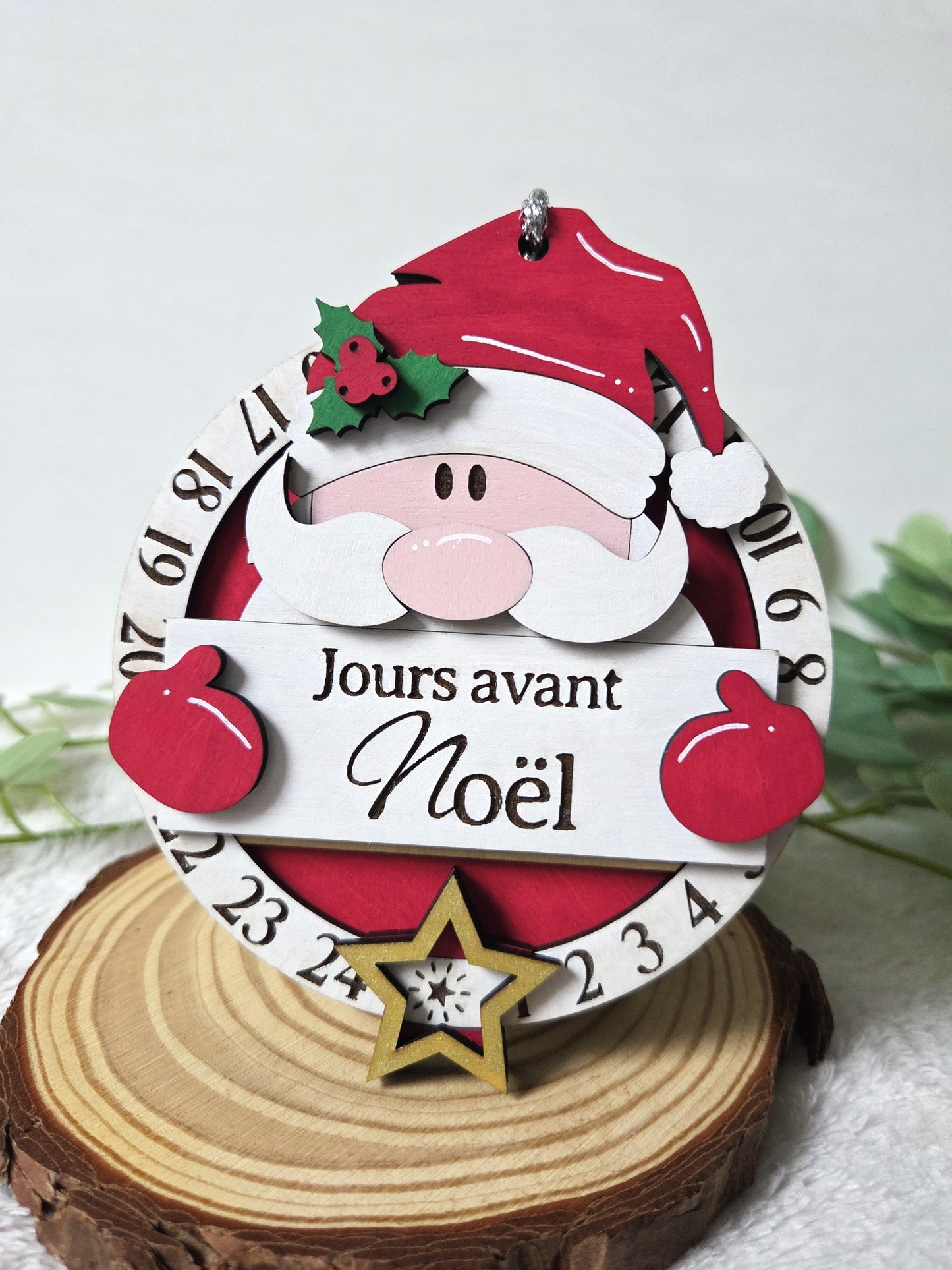 Compte à rebours de Noël en bois – Calendrier décoratif Père Noël | Décoration de Noël artisanale