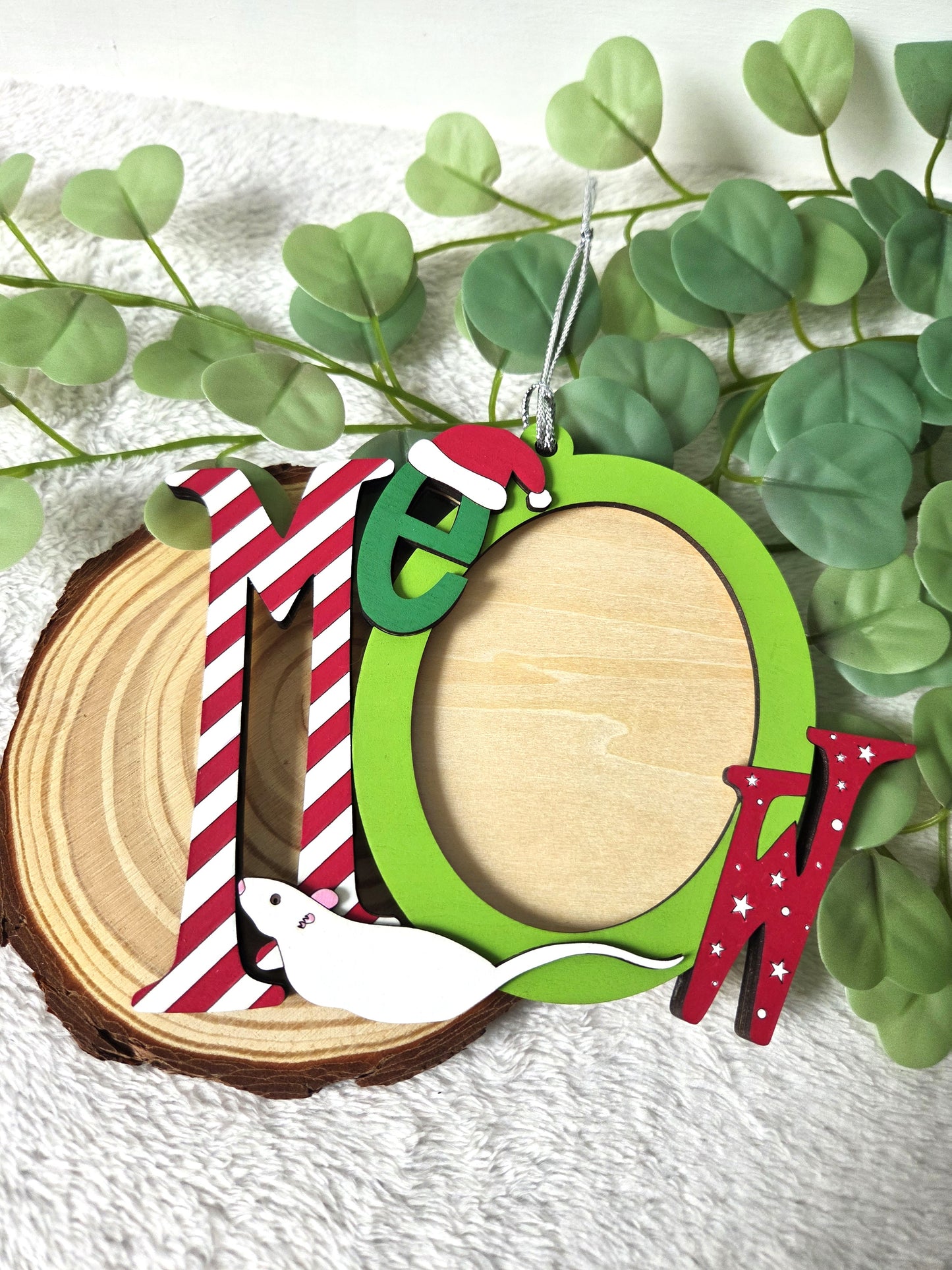 Ornement de Noël – Mot “MEOW” avec emplacement photo | Décoration festive pour amoureux des chats
