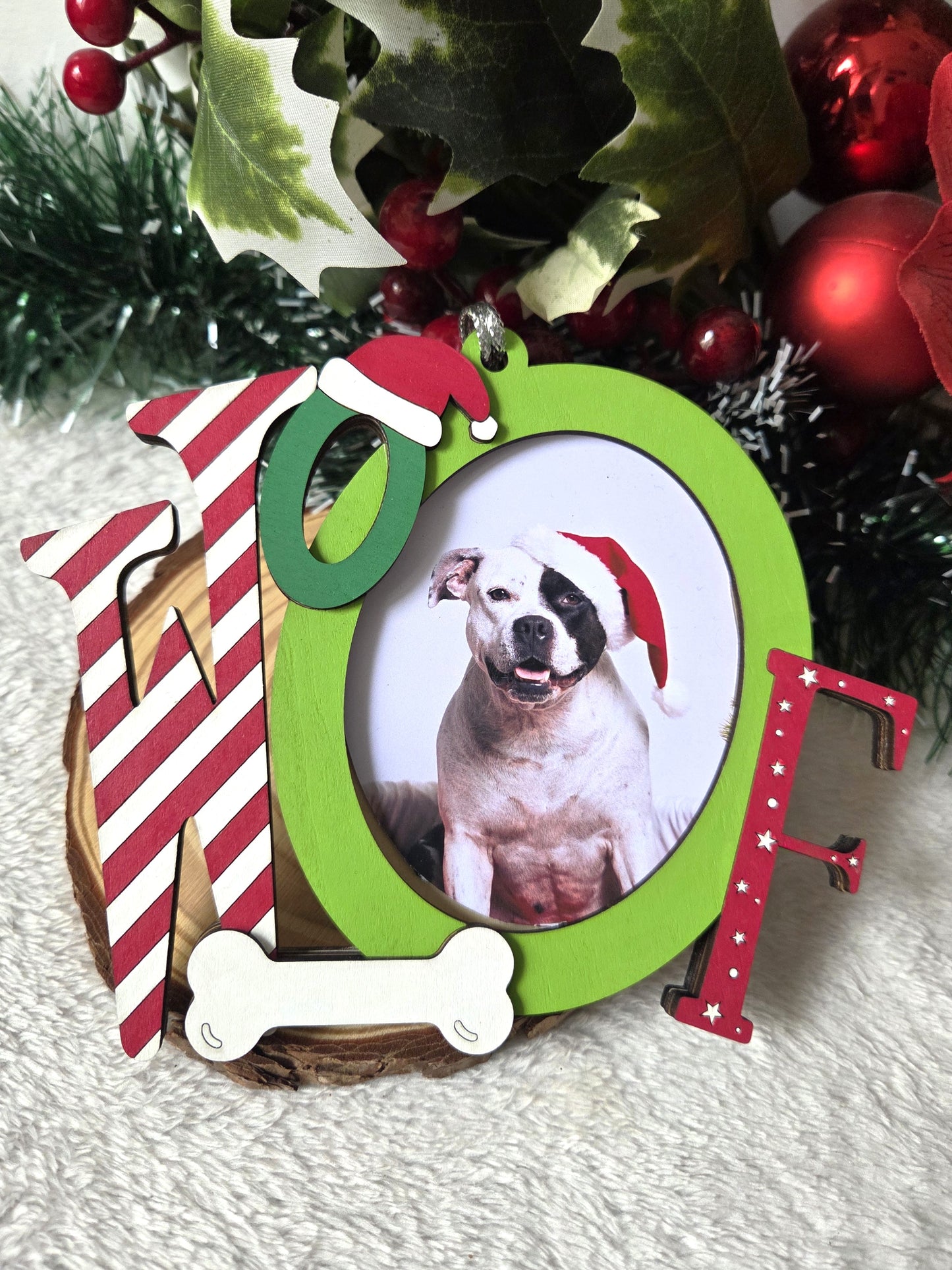 Ornement de Noël – Mot “WOOF” avec emplacement photo | Décoration festive pour amoureux des chiens