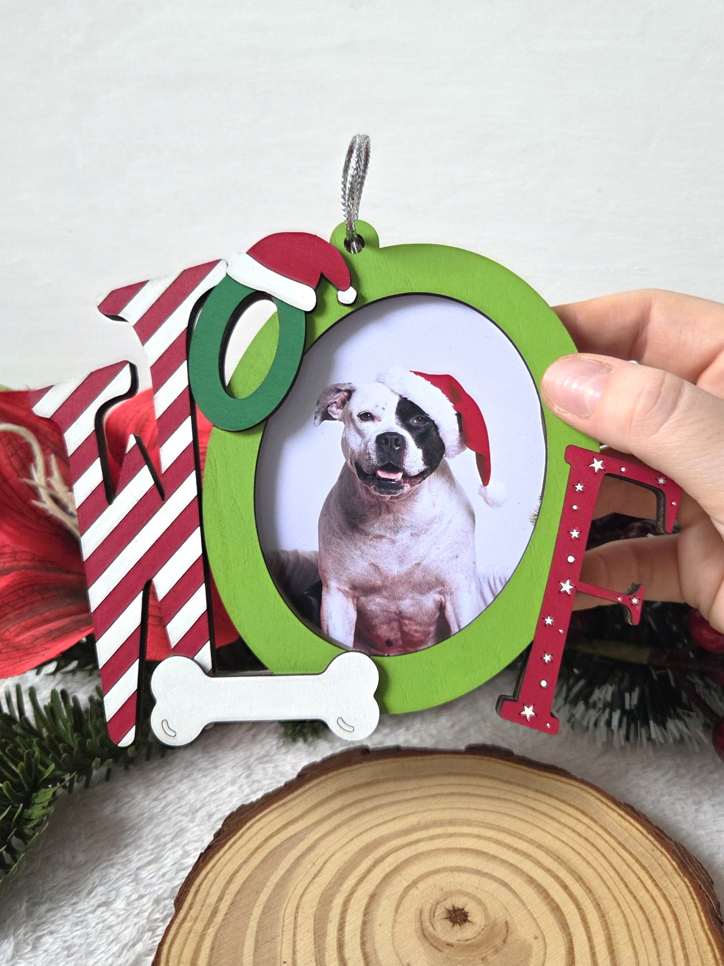 Ornement de Noël – Mot “WOOF” avec emplacement photo | Décoration festive pour amoureux des chiens