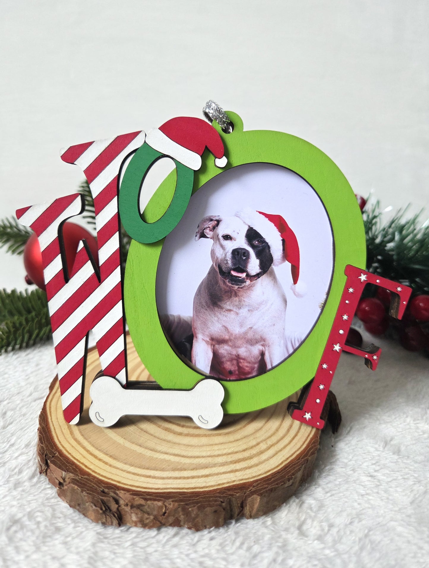 Ornement de Noël – Mot “WOOF” avec emplacement photo | Décoration festive pour amoureux des chiens