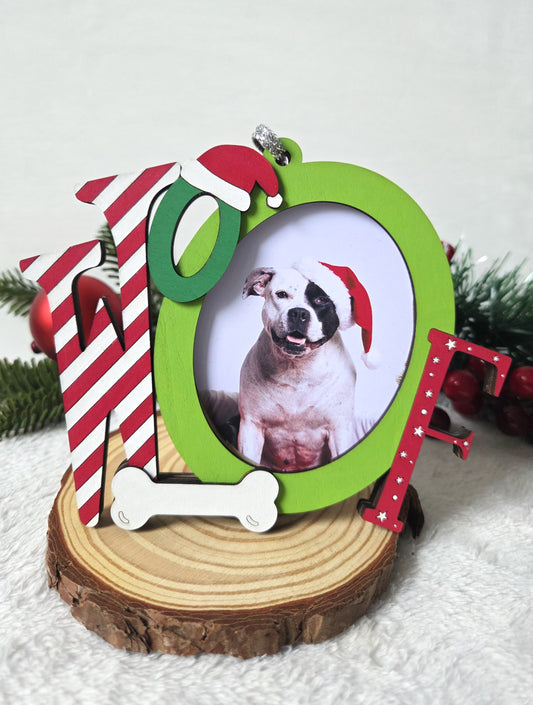 Ornement de Noël – Mot “WOOF” avec emplacement photo | Décoration festive pour amoureux des chiens