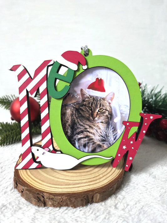 Ornement de Noël – Mot “MEOW” avec emplacement photo | Décoration festive pour amoureux des chats