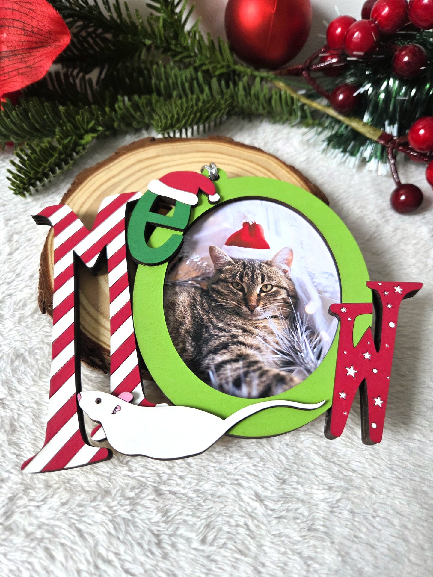 Ornement de Noël – Mot “MEOW” avec emplacement photo | Décoration festive pour amoureux des chats