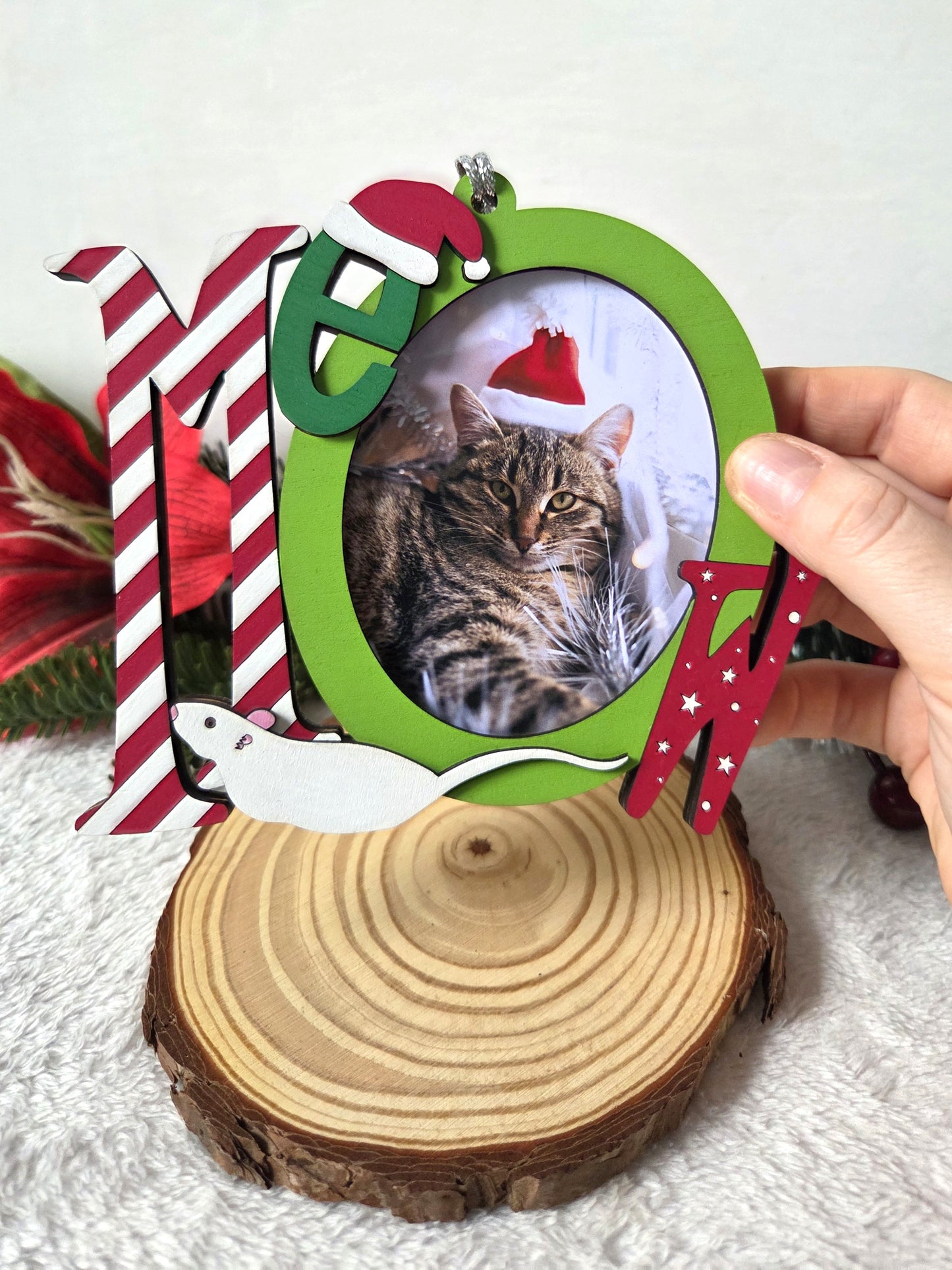 Ornement de Noël – Mot “MEOW” avec emplacement photo | Décoration festive pour amoureux des chats