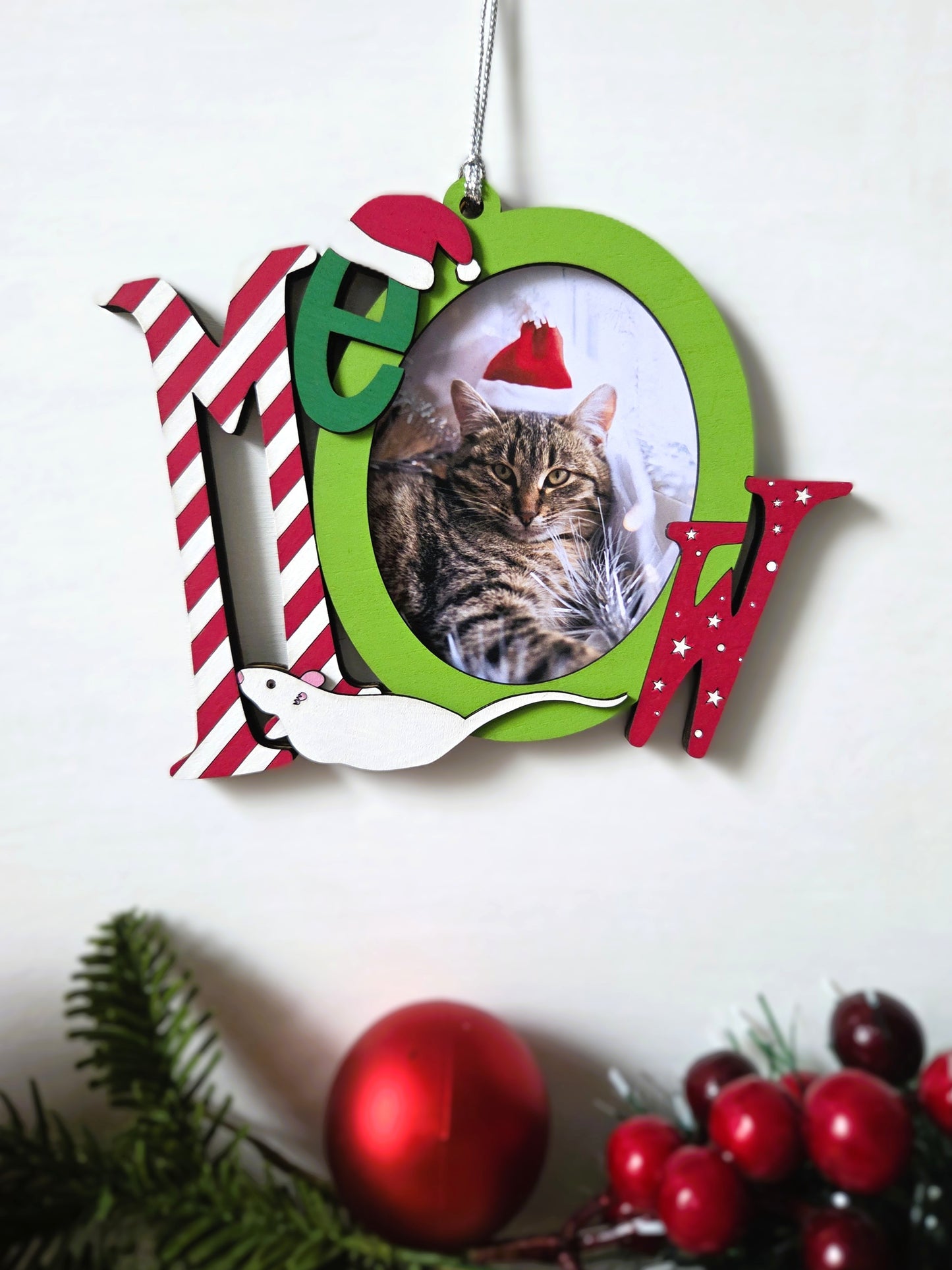Ornement de Noël – Mot “MEOW” avec emplacement photo | Décoration festive pour amoureux des chats