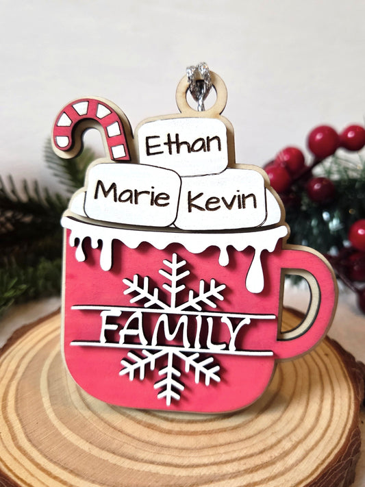 Ornement de Noël personnalisable – Tasse de Marshmallows / Chocolat Chaud | Prénoms gravés