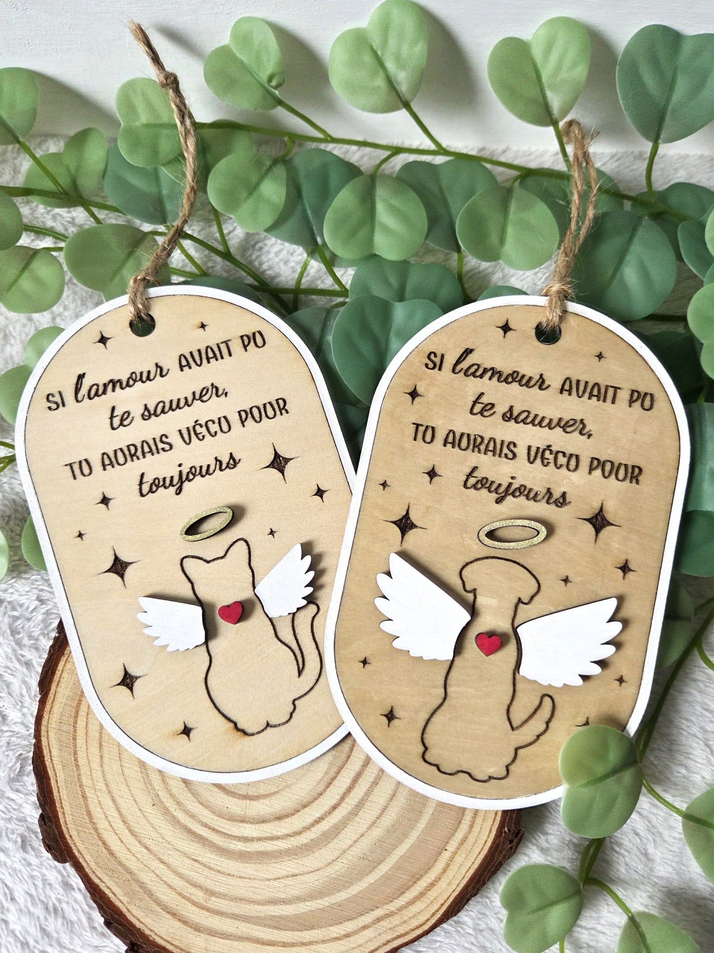 Ornement commémoratif pour chat – “Si l’amour avait pu te sauver” | Décoration hommage en bois