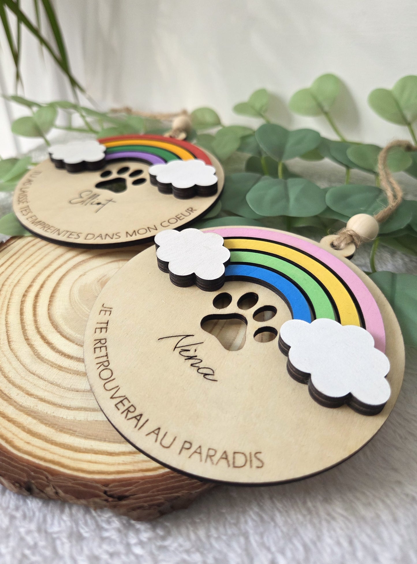Suspension commémorative chien / chat - Arc-en-ciel & Empreinte | Décoration hommage en bois