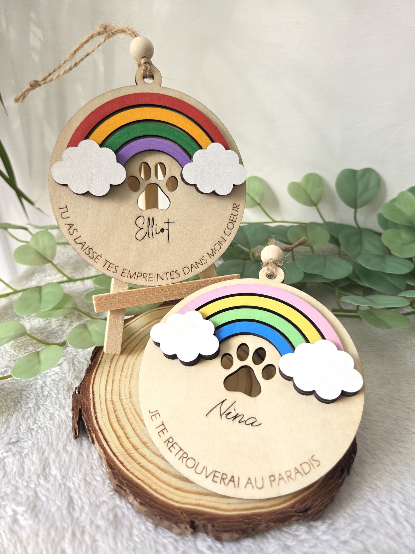 Suspension commémorative chien / chat - Arc-en-ciel & Empreinte | Décoration hommage en bois