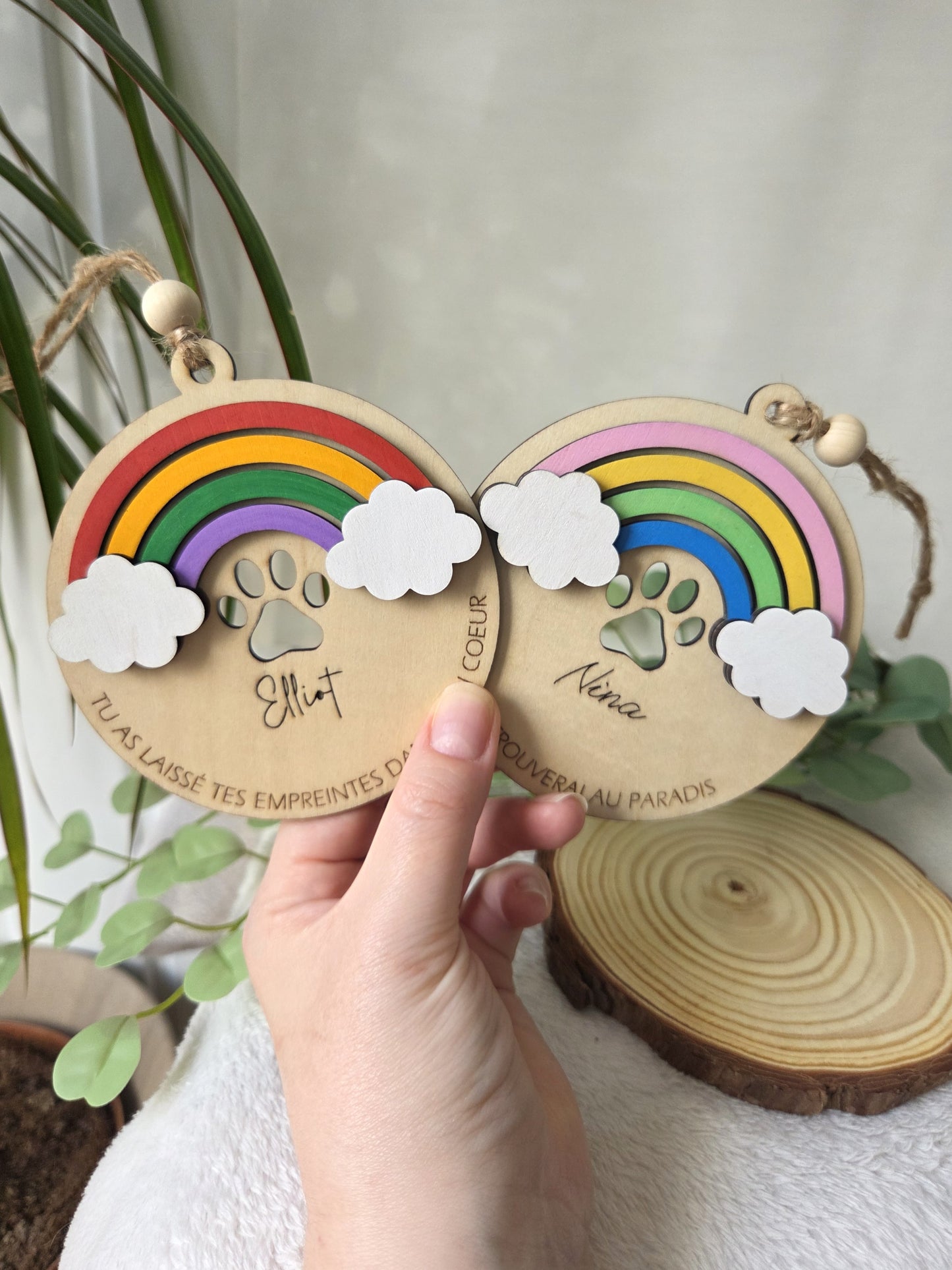 Suspension commémorative chien / chat - Arc-en-ciel & Empreinte | Décoration hommage en bois
