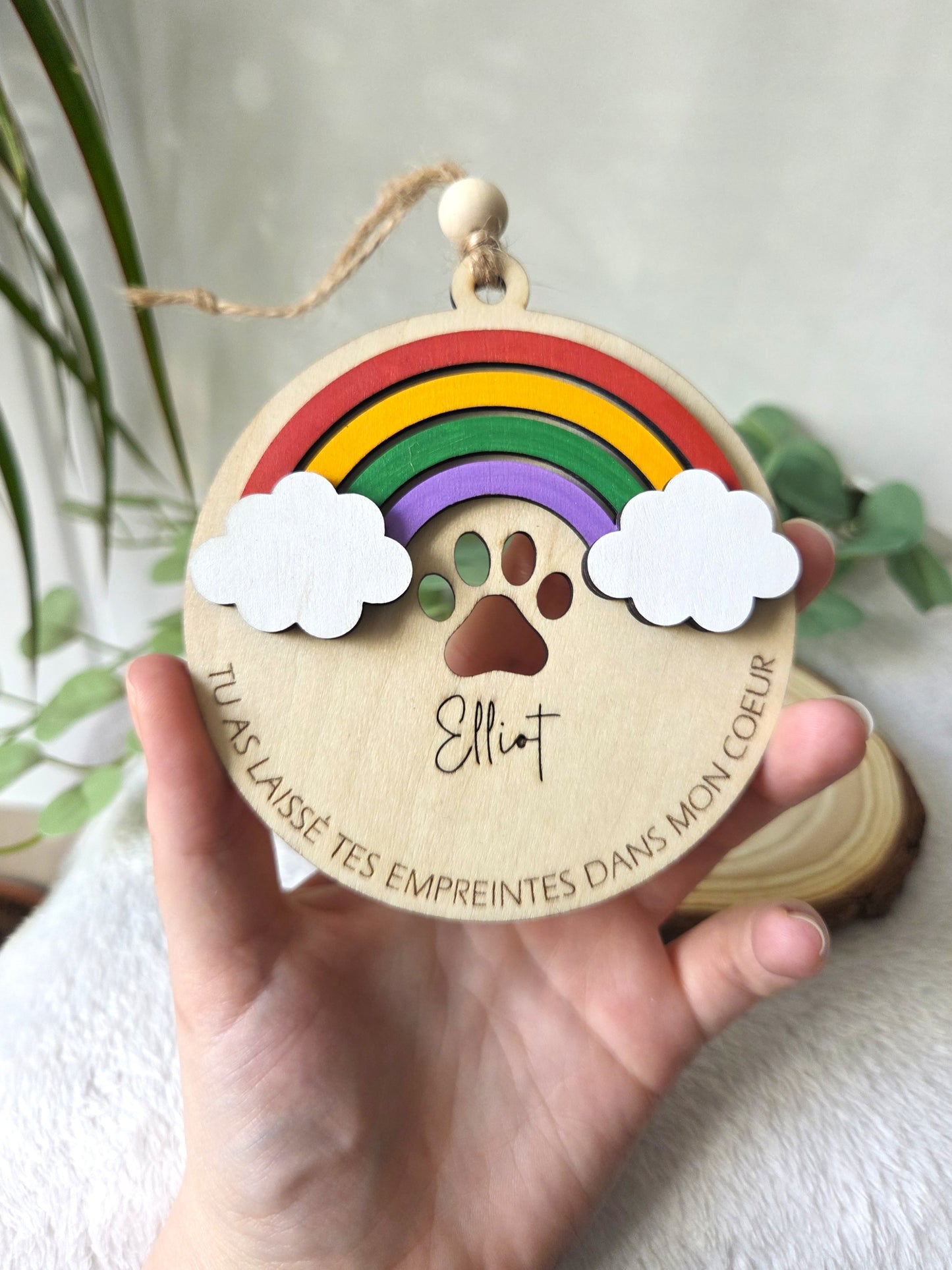 Suspension commémorative chien / chat - Arc-en-ciel & Empreinte | Décoration hommage en bois