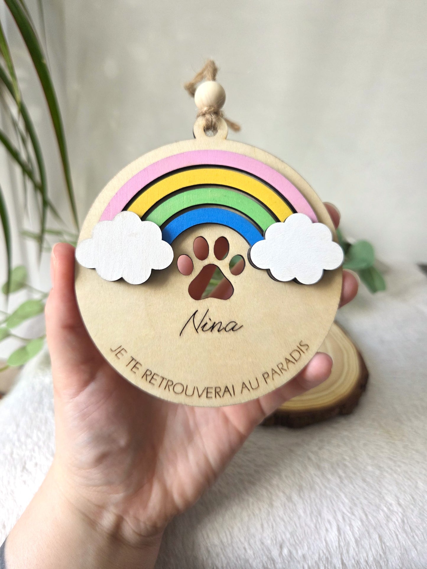 Suspension commémorative chien / chat - Arc-en-ciel & Empreinte | Décoration hommage en bois