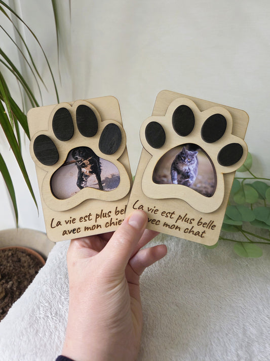 Magnet photo en bois – La vie est plus belle avec mon chien / chat | Cadre magnétique en relief pour frigo