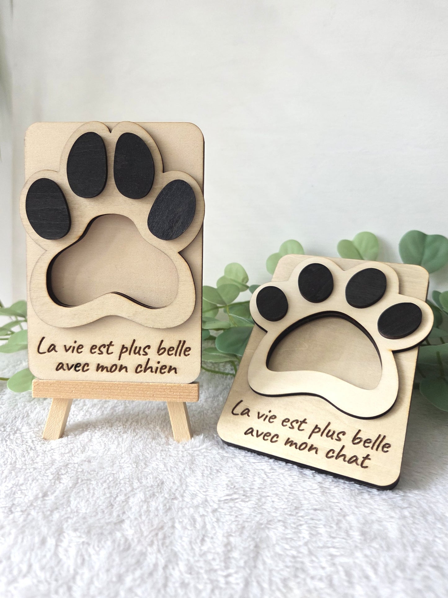 Magnet photo en bois – La vie est plus belle avec mon chien / chat | Cadre magnétique en relief pour frigo