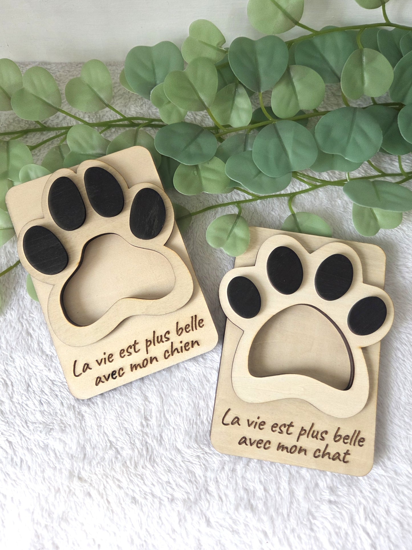 Magnet photo en bois – La vie est plus belle avec mon chien / chat | Cadre magnétique en relief pour frigo