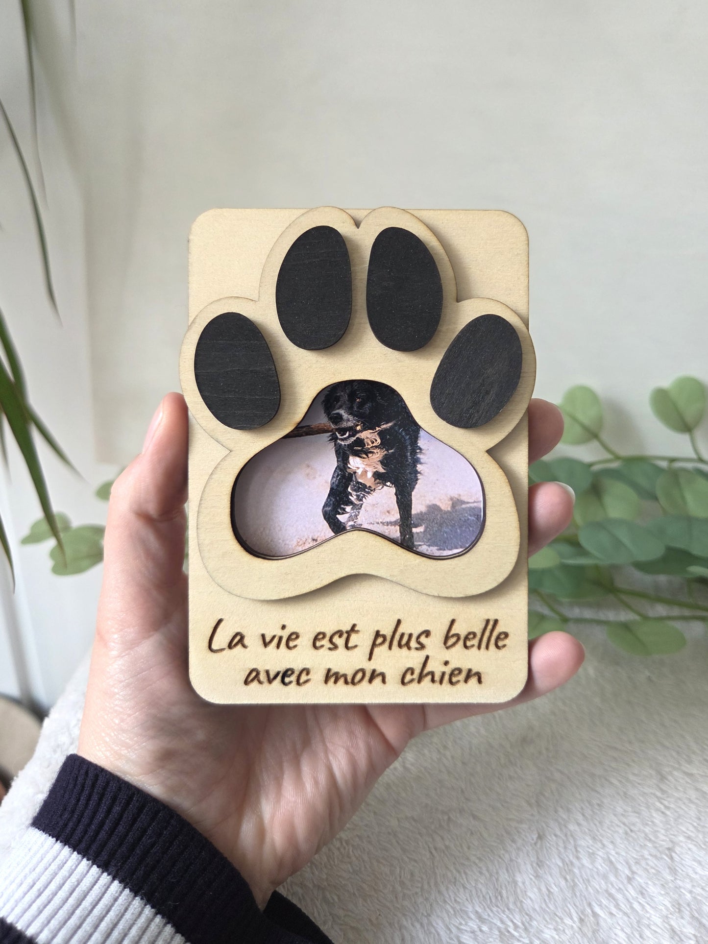 Magnet photo en bois – La vie est plus belle avec mon chien / chat | Cadre magnétique en relief pour frigo
