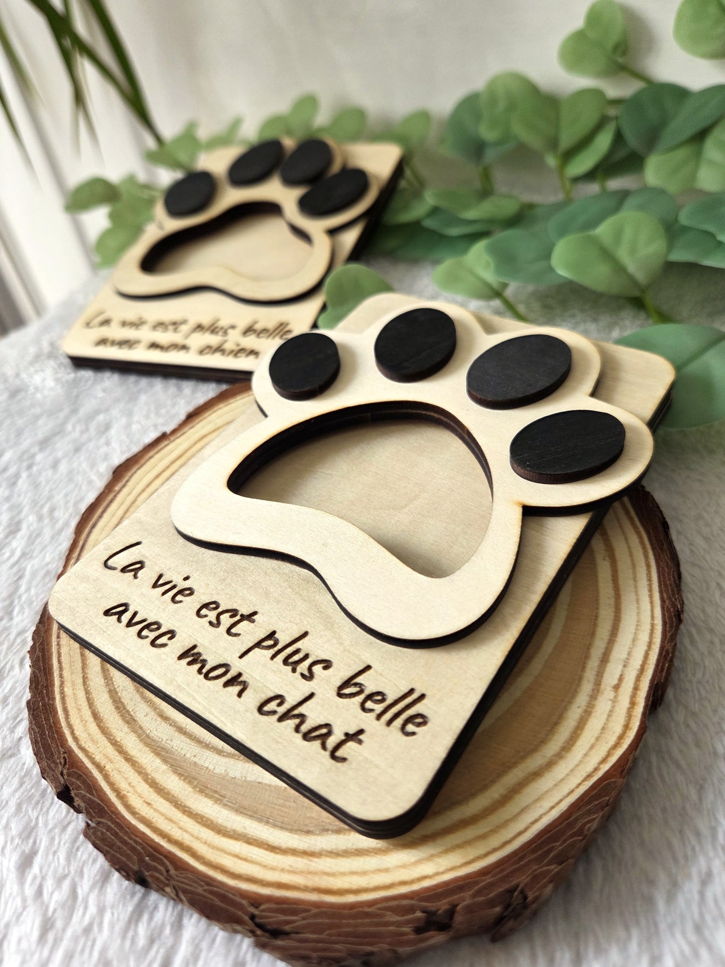Magnet photo en bois – La vie est plus belle avec mon chien / chat | Cadre magnétique en relief pour frigo