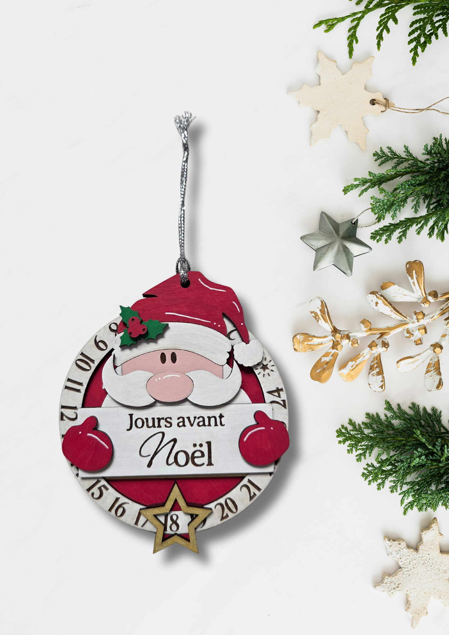 Compte à rebours de Noël en bois – Calendrier décoratif Père Noël | Décoration de Noël artisanale