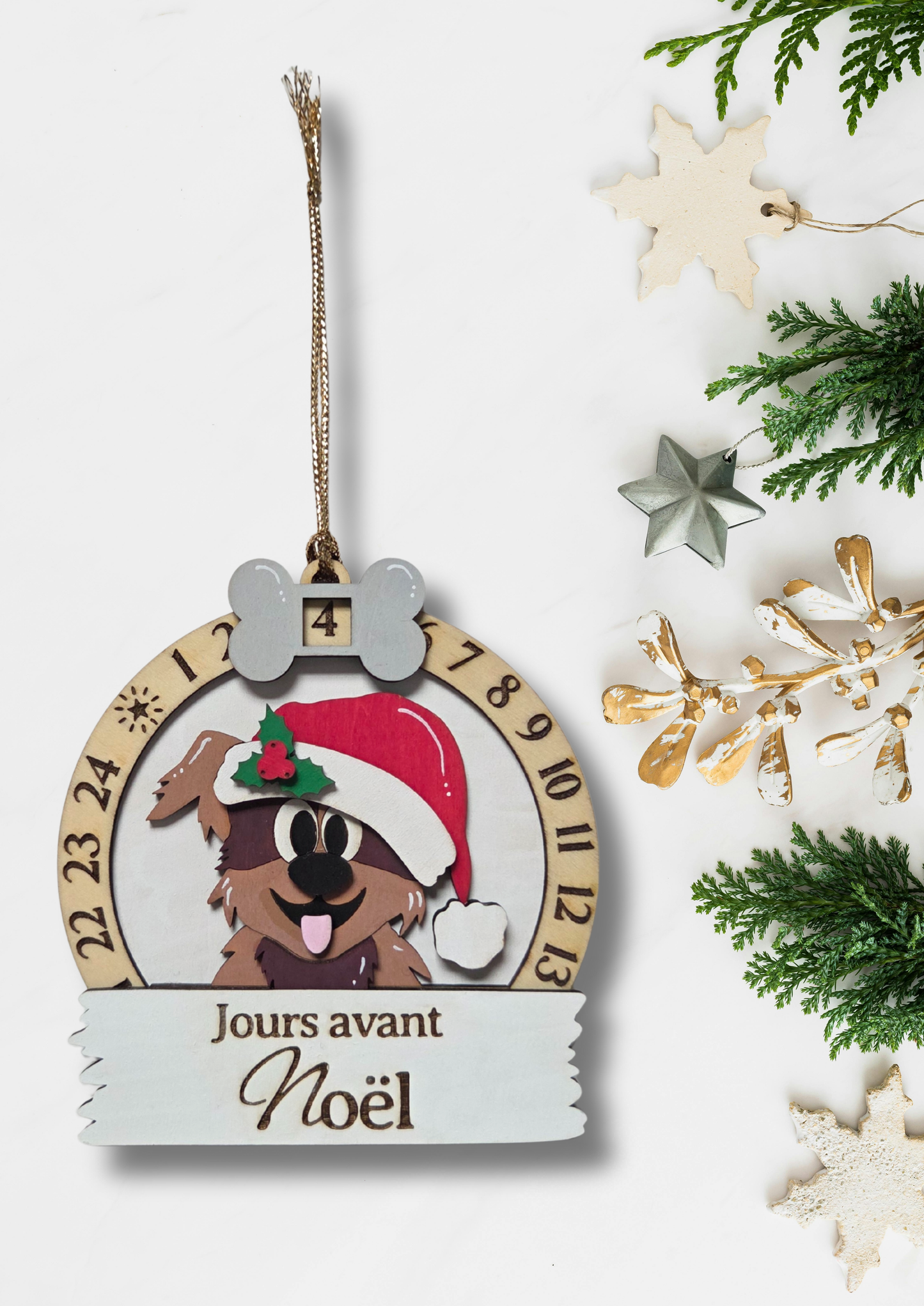 Compte à rebours de Noël en bois – Calendrier décoratif Chien | Décoration de Noël artisanale