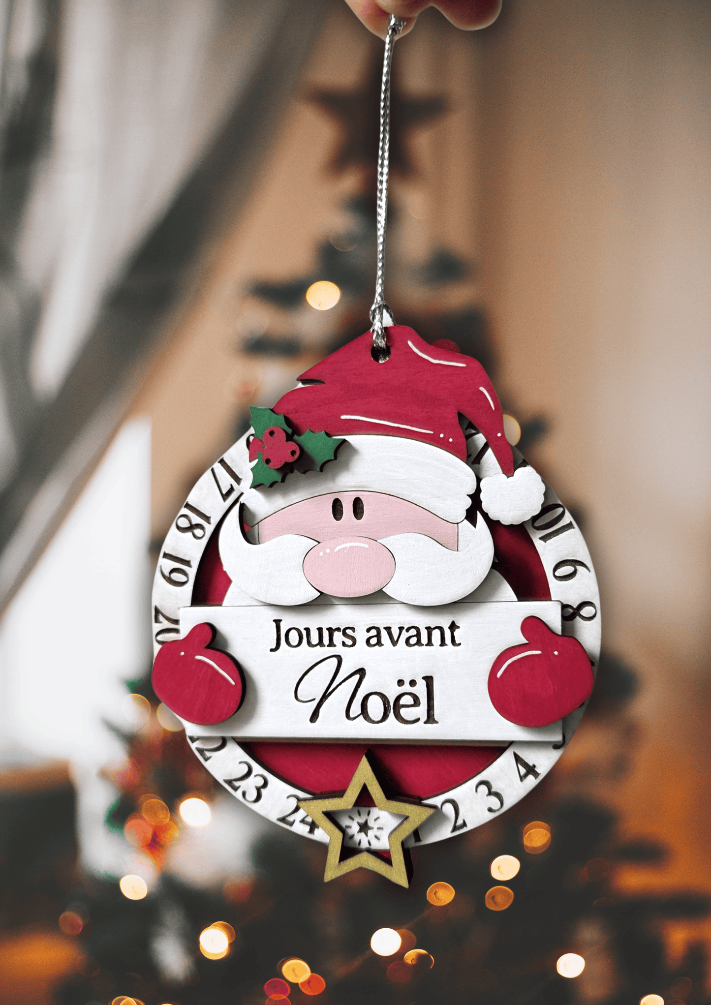 Compte à rebours de Noël en bois – Calendrier décoratif Père Noël | Décoration de Noël artisanale
