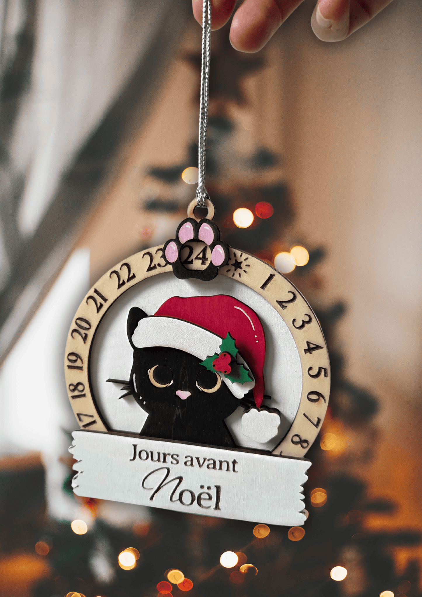 Compte à rebours de Noël en bois – Calendrier décoratif Chat | Décoration de Noël artisanale