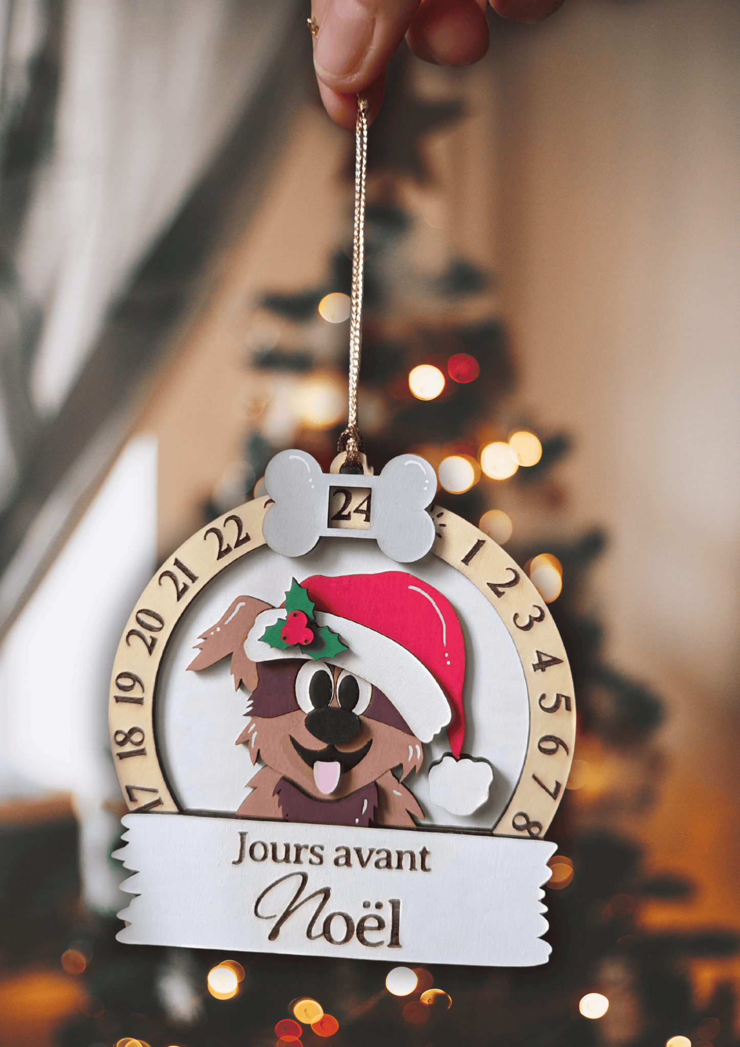 Compte à rebours de Noël en bois – Calendrier décoratif Chien | Décoration de Noël artisanale