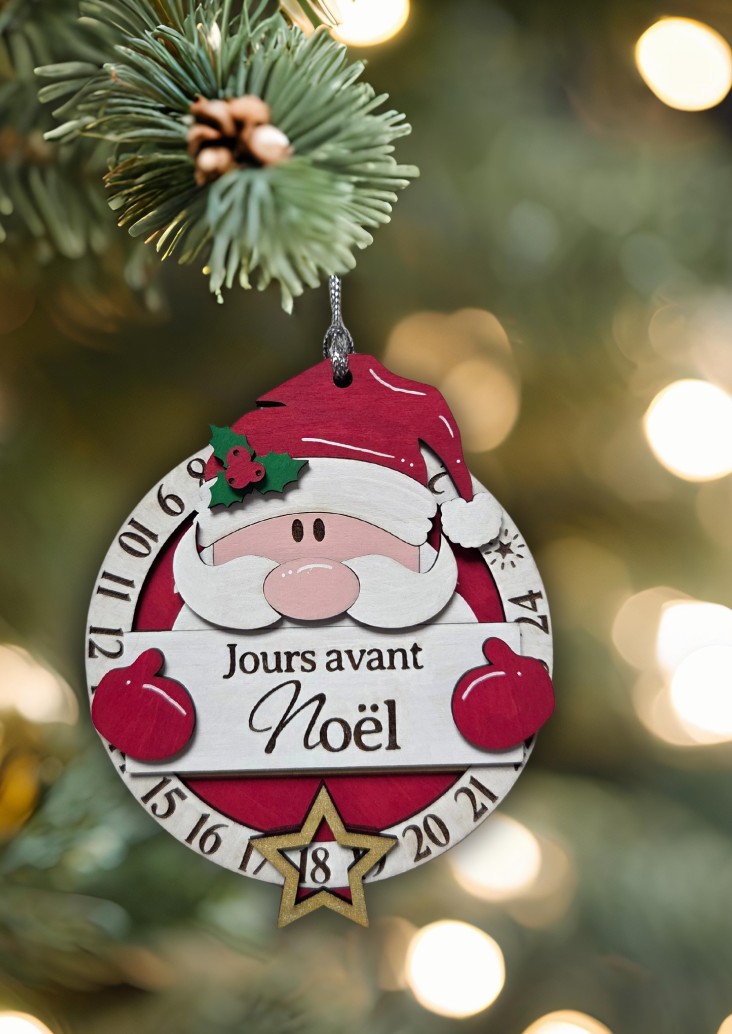 Compte à rebours de Noël en bois – Calendrier décoratif Père Noël | Décoration de Noël artisanale