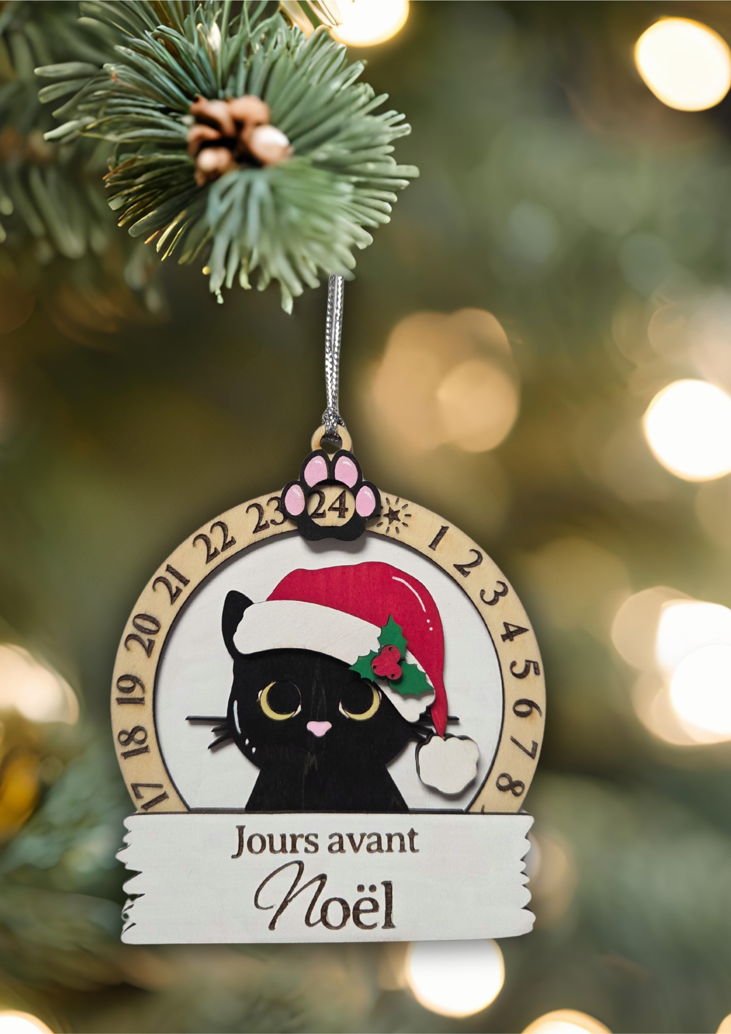 Compte à rebours de Noël en bois – Calendrier décoratif Chat | Décoration de Noël artisanale