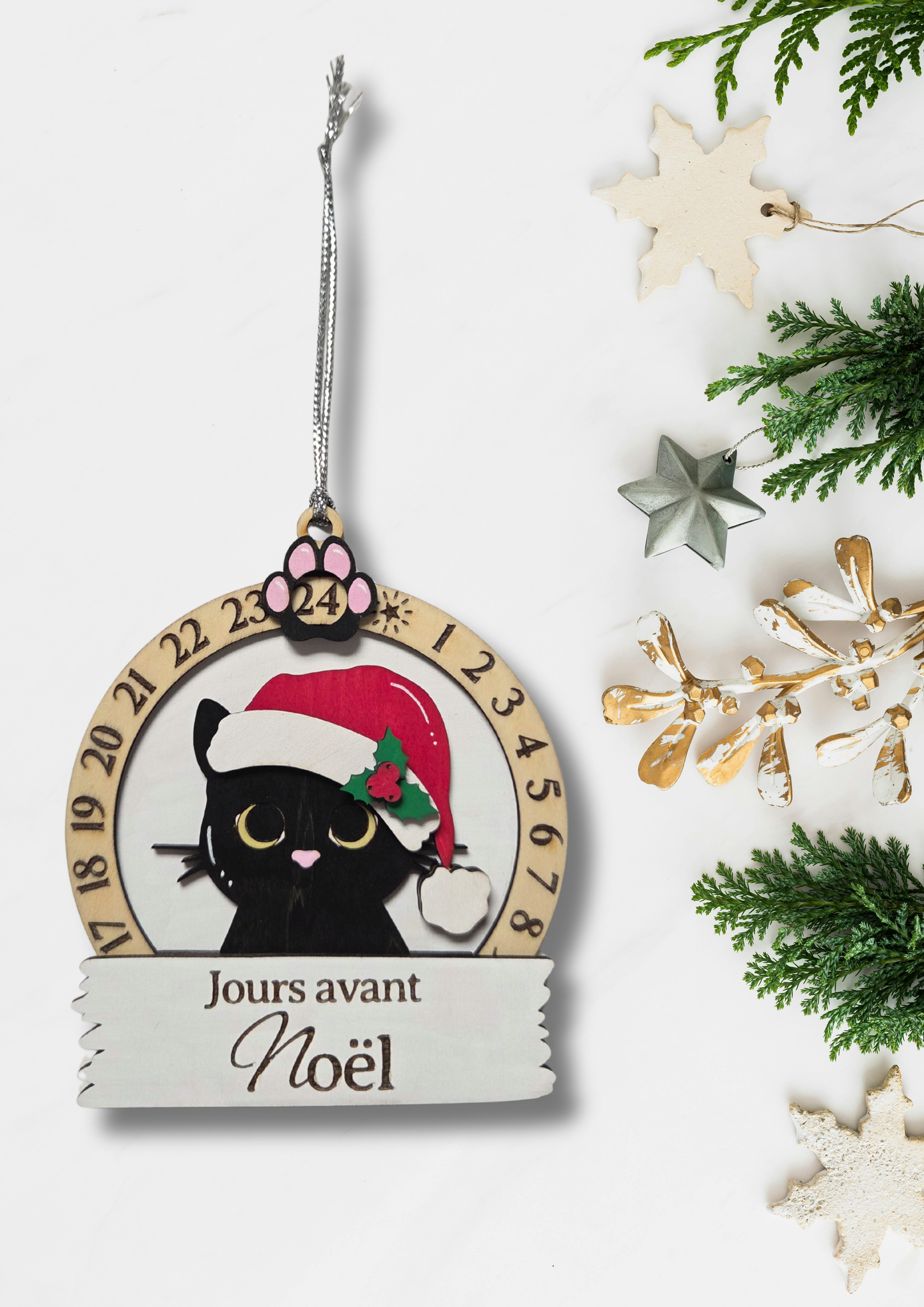 Compte à rebours de Noël en bois – Calendrier décoratif Chat | Décoration de Noël artisanale