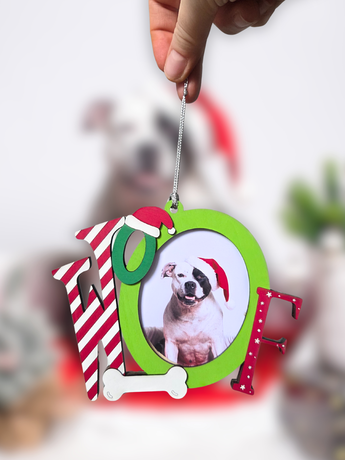 Ornement de Noël – Mot “WOOF” avec emplacement photo | Décoration festive pour amoureux des chiens