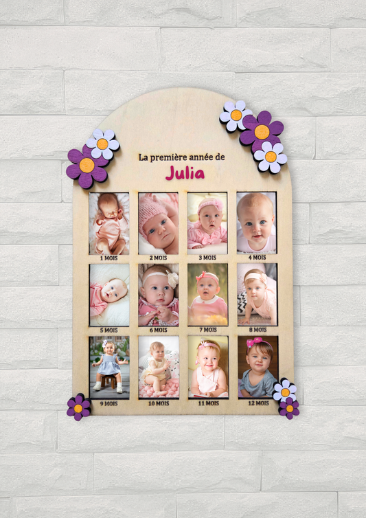 Cadre photo enfant personnalisé – Ma première année | Modèle fleurs