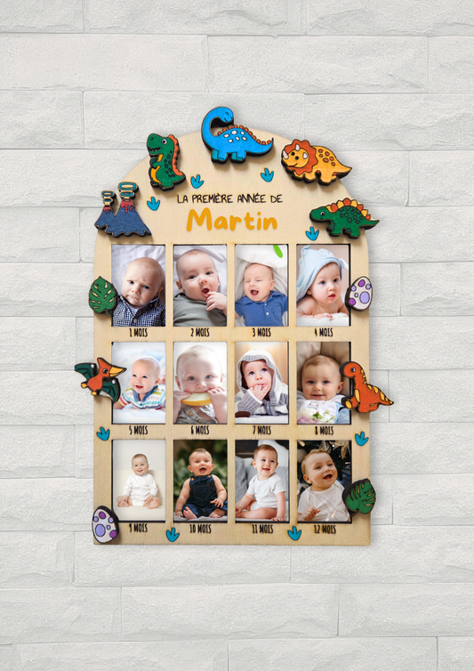Cadre photo enfant personnalisé – Ma première année | Modèle dinosaures
