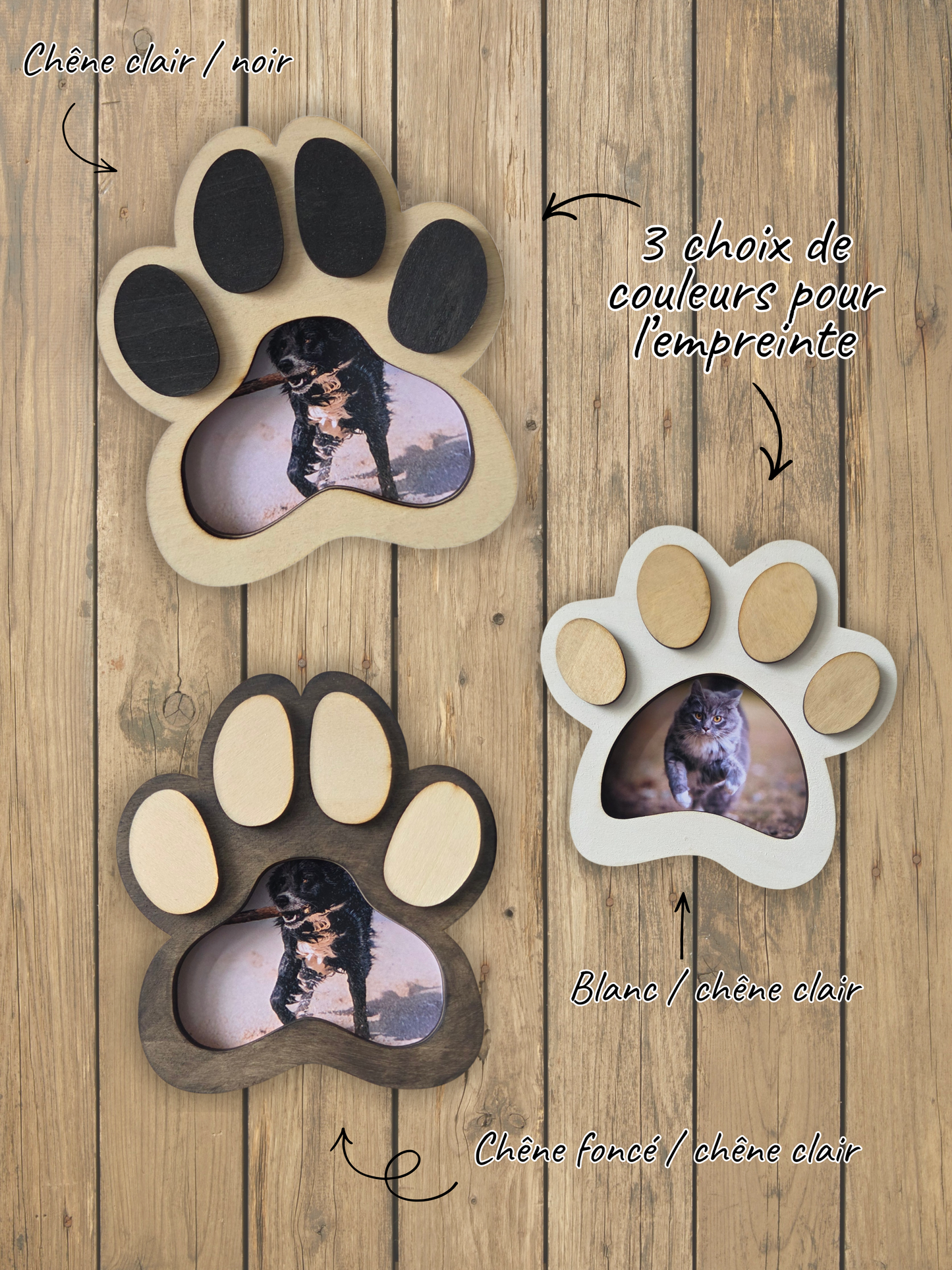 Magnet photo en bois – chien / chat personnalisé – Empreinte de patte | Cadre magnétique en relief pour frigo