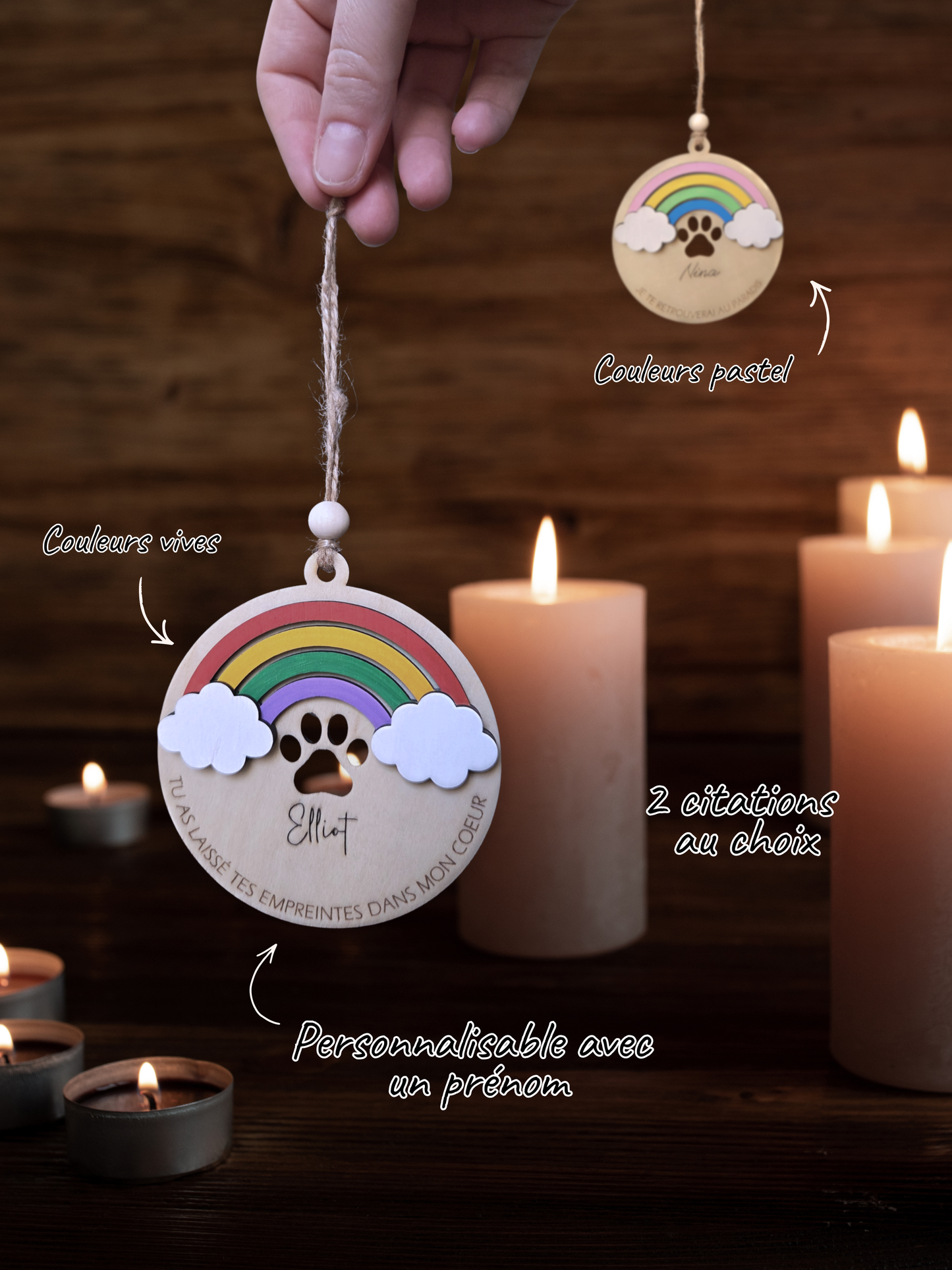 Suspension commémorative chien / chat - Arc-en-ciel & Empreinte | Décoration hommage en bois